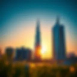 Stunning view of Ajman One Tower against a sunset backdrop