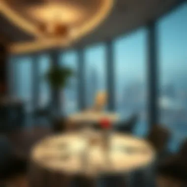 Fine Dining with Skyline View in DIFC Elegant dining setup in a DIFC restaurant with a skyline view