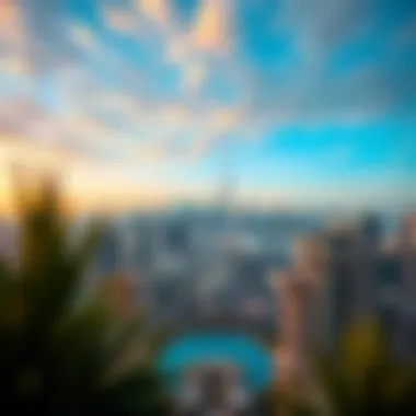 Stunning Dubai Skyline from Fountain Views Hotel Panoramic view of Dubai skyline from Fountain Views Hotel's rooftop