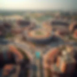 Aerial view of Jumeirah Village Circle showcasing residential buildings and community parks