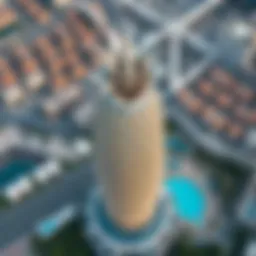 Aerial view of the Pineapple Building showcasing its unique architectural shape